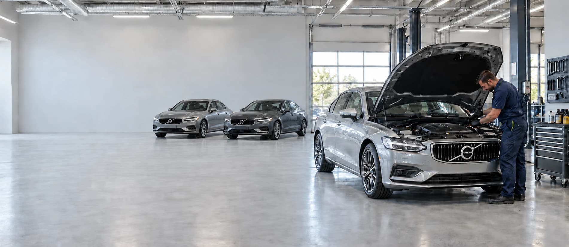 Servis alanında arkada yan yana park edilmiş iki araç ve sağda Volvo amblemli gümüş aracın motor bakımını yapan teknisyen